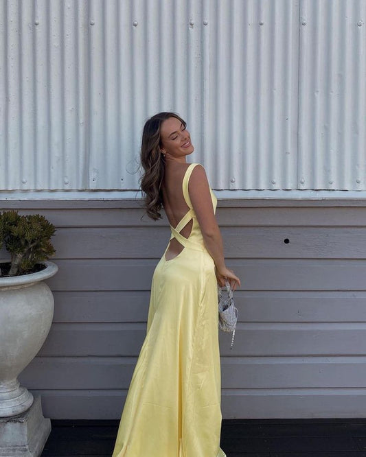 Simple Straps Yellow Backless Long Prom Dress fg5318