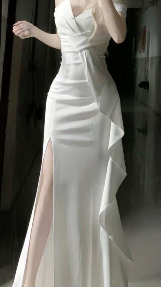White Off Shoulder Long Prom Gown Evening Dress