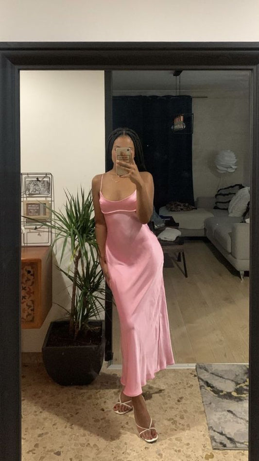 Simple Straps Sleeveless Party Dress Satin Pink Prom Dress S6841