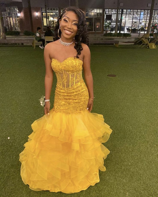Yellow Mermaid Long Prom Dresses for Women, Evening Birthday Gown For Black Girl S6801