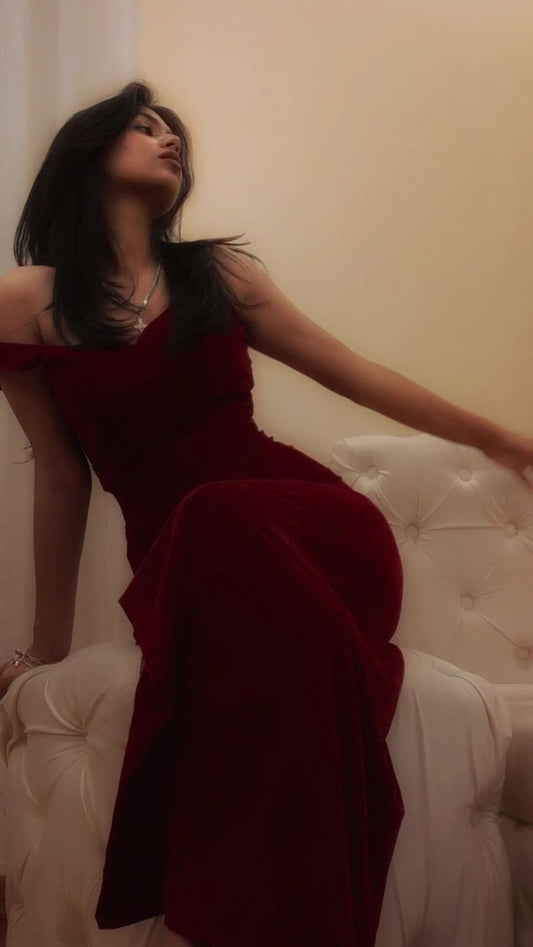 Pretty Sheath Off the Shoulder Velvet Long Prom Dresses Formal Evening Dress S6780