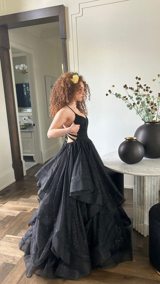 Black A-Line Shiny Tulle Long Party Dress Birthday Party Gown S6825