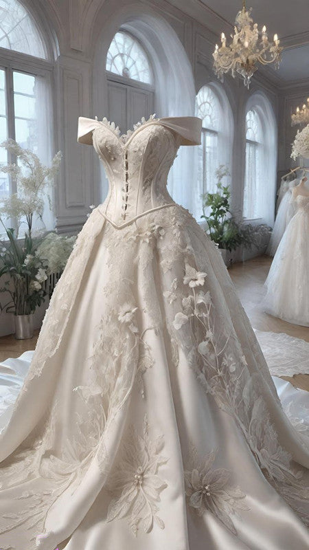 Off Shoulder Vintage A line Long Lace Appliques Wedding Dresses S6812