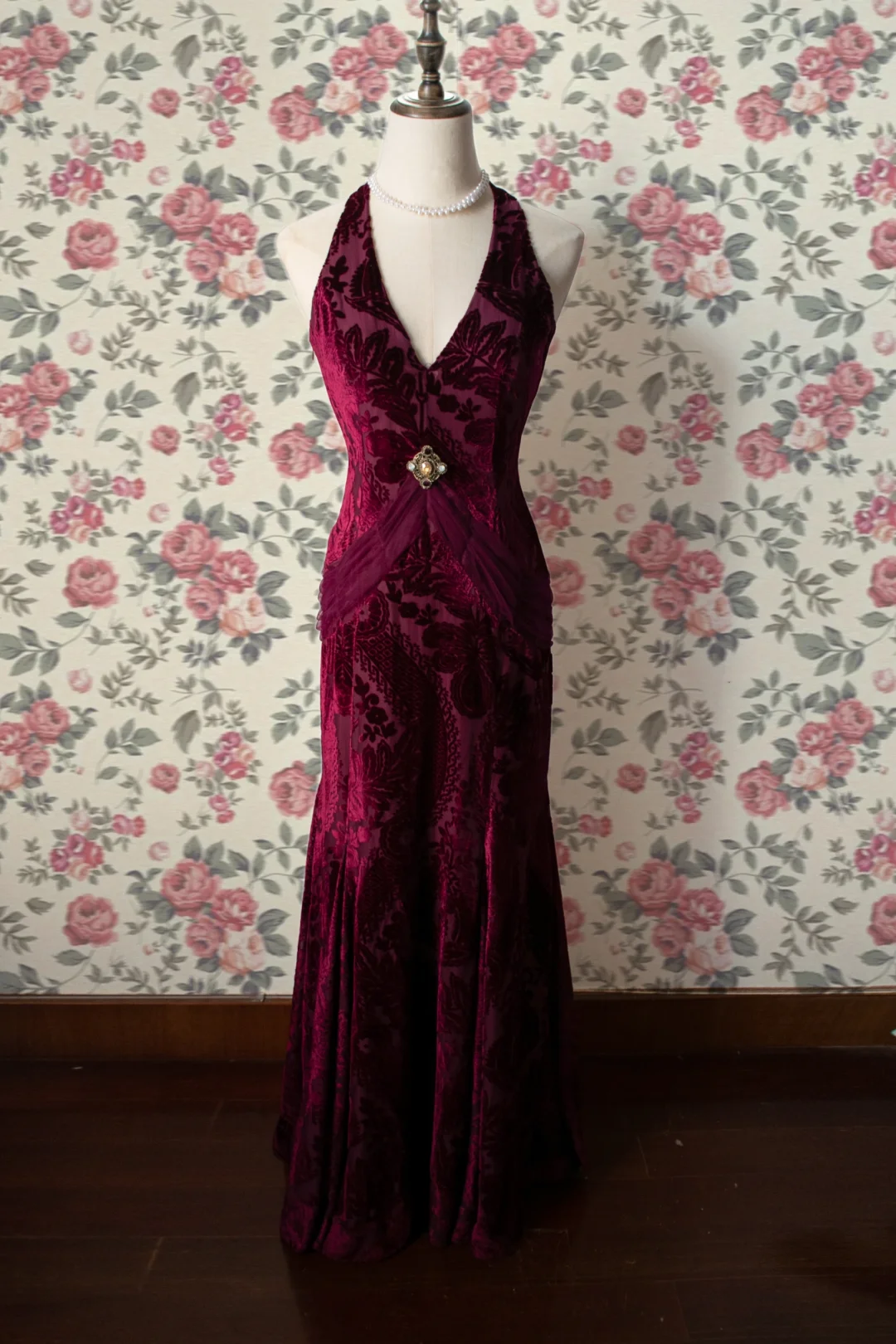 Burgundy Halter Party Dress, Long Formal Evening Gowns S6877