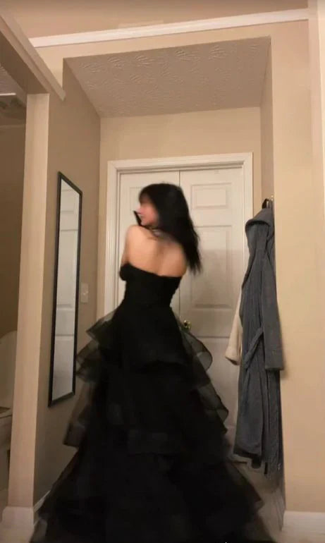 A-line Tulle black Layers Long Party Dress, Black Tulle Prom Dress S6750