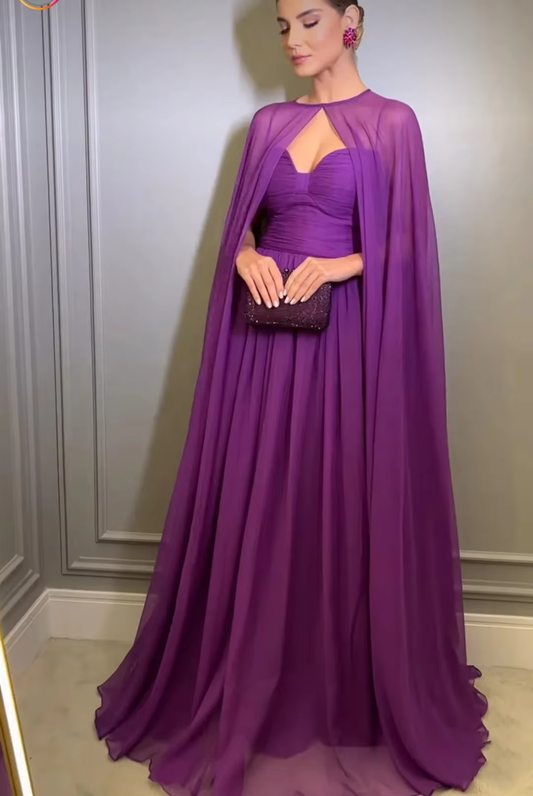 Elegant Purple Chiffon Long Evening Dress with Cape A Line Pleated Floor Length Formal Prom Gown