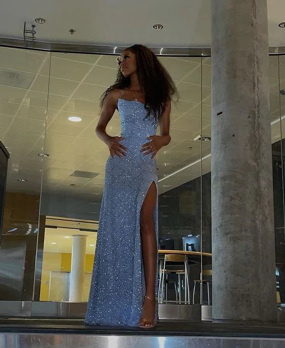 Sparkly Blue Sequins Sheath Evening Party Dress Long Prom Dress fg7400