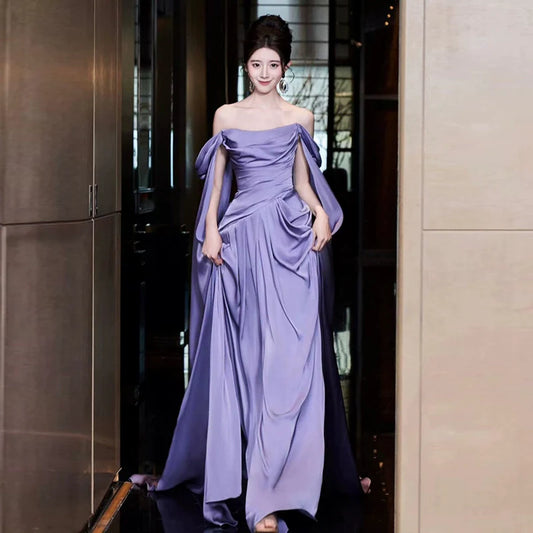 Purple dress long evening gown engagement party off shoulder satin birthday party dress S6832