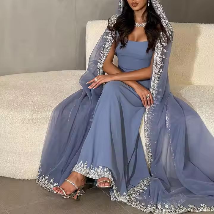 Cape Sleeves Luxury Evening Dresses Women Elegant Long Formal Prom Dress S6822