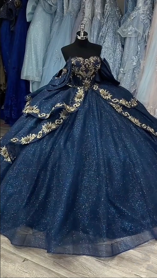 A Line Navy Blue Ball Gown Birthday Party Dress Sparkly Quinceanera Dress S6774