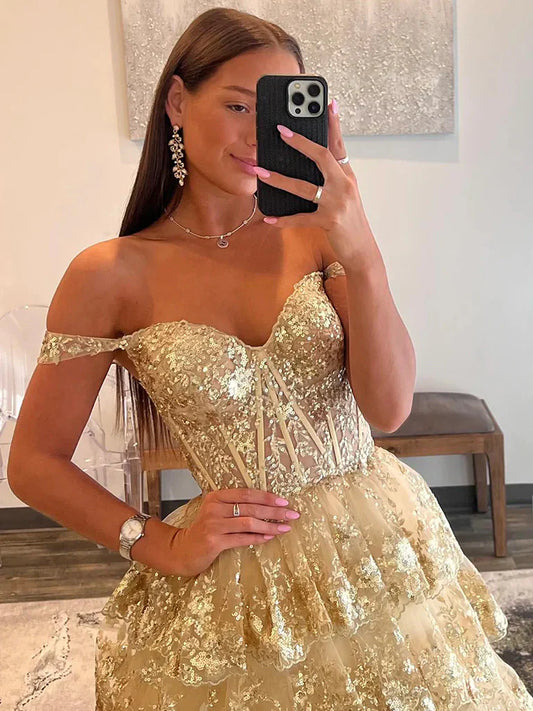 Gold A-Line Tulle Gold Sequin Long Prom Dress, Gold Long Evening Dress fg5526