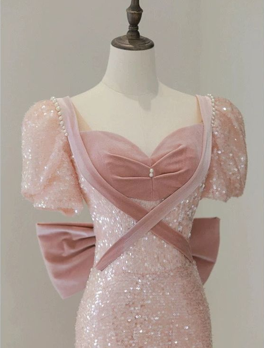 A line Short Sleeves Sequin Long Prom Dress S6502