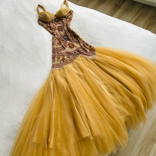 Elegant Straps Long Prom Dresses Tulle Beaded Evening Party Dress S5890