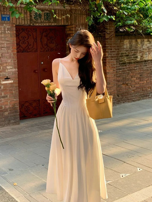 Fairy long v-neck white suspender dress S5792