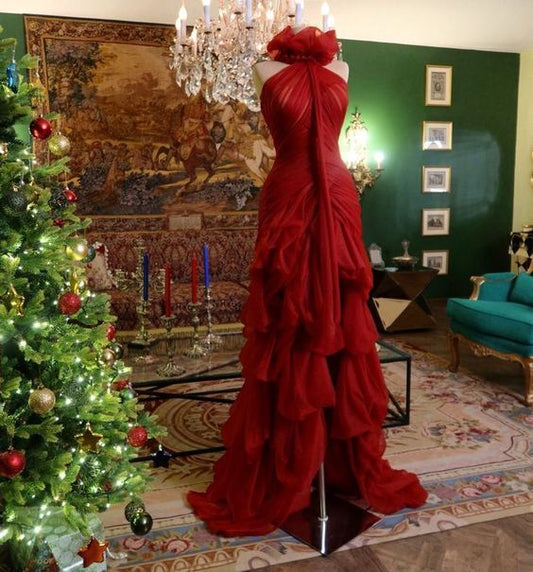 Modest High Low High Neckline Tulle Red Prom Dresses S6267