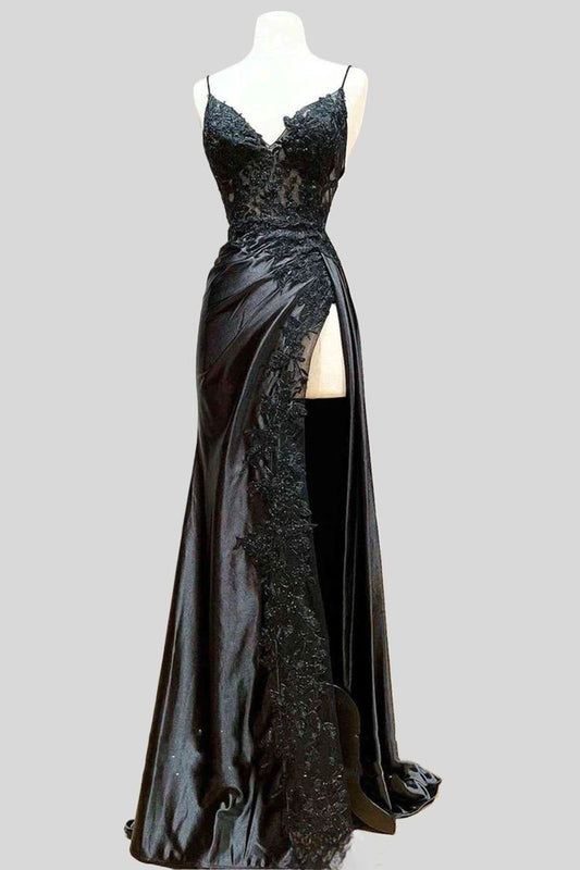 V Neck Spaghetti Strap Sleeveless Long Split Prom Dress S6459