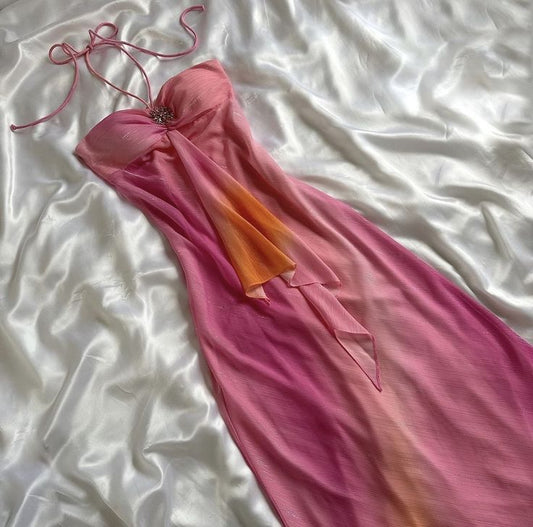 Gorgeous High Low Halter Ombre Pink Chiffon Prom Dresses Evening Dress S6420
