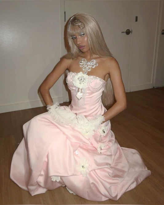 Vintage Pink Strapless Satin Long Prom Dresses Evening Dress With Flowers S6266