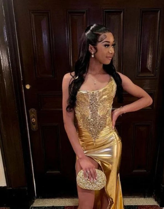 Sexy Gold Mermaid Prom Dress Elegant Shiny Diamond Applique High Split Black Girls Birthday Party Formal Dresses S6228