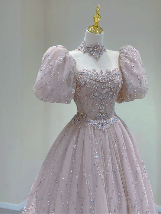 A Line Long Pink Tulle Evening Gown Princess Dress Prom Ball Gown S6557