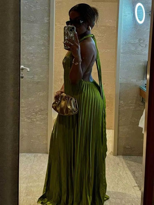 Classy A line Halter Ruffles Floor Length Green Prom Dresses Black Girl Prom Gowns S6318
