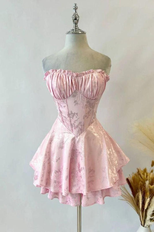 Pink Short Prom Dress Strapless Homecoming Dress S5993