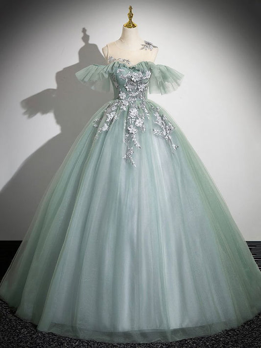 Cute Tulle Lace Long Prom Dress, A-Line Scoop Neckline Off Shoulder Evening Party Dress S6365