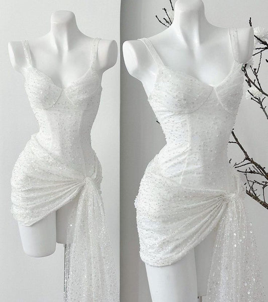 Sexy White Straps Mini Tulle Sequin Homecoming Dress S5896