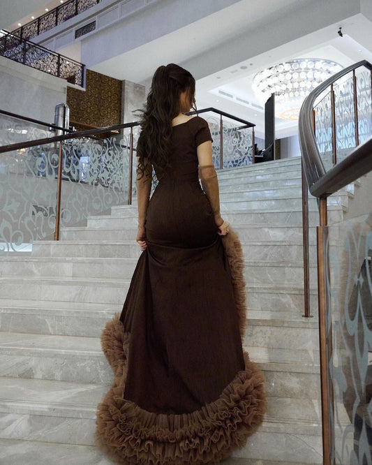 wedding dress for women V-neck short sleeves side slits pleated ruffles evening dress S5928