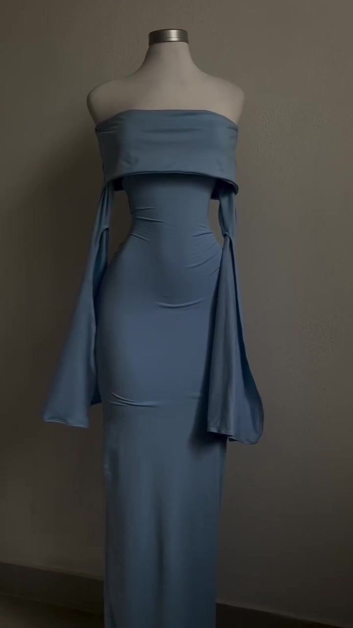 Modest Sheath Strapless Blue Long Sleeves Prom Dress Evening Dresses S6271