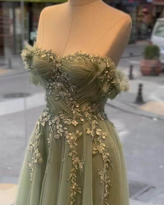 A-line Sage Tulle Lace Appliques Dress Long Prom Dress Party Dress S6455