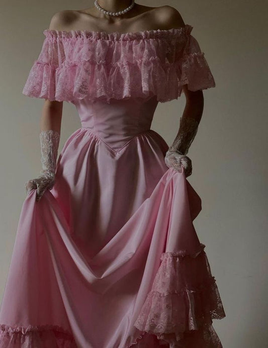 Vintage Long Pink Prom Dresses A-Line Off Shoulder Evening Party Gowns S6292