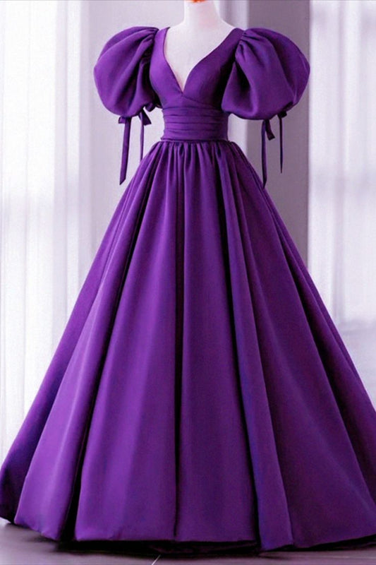 Satin Short Sleeves Long Party Dress, V-neckline Prom Dress Long Evening Dress S6516