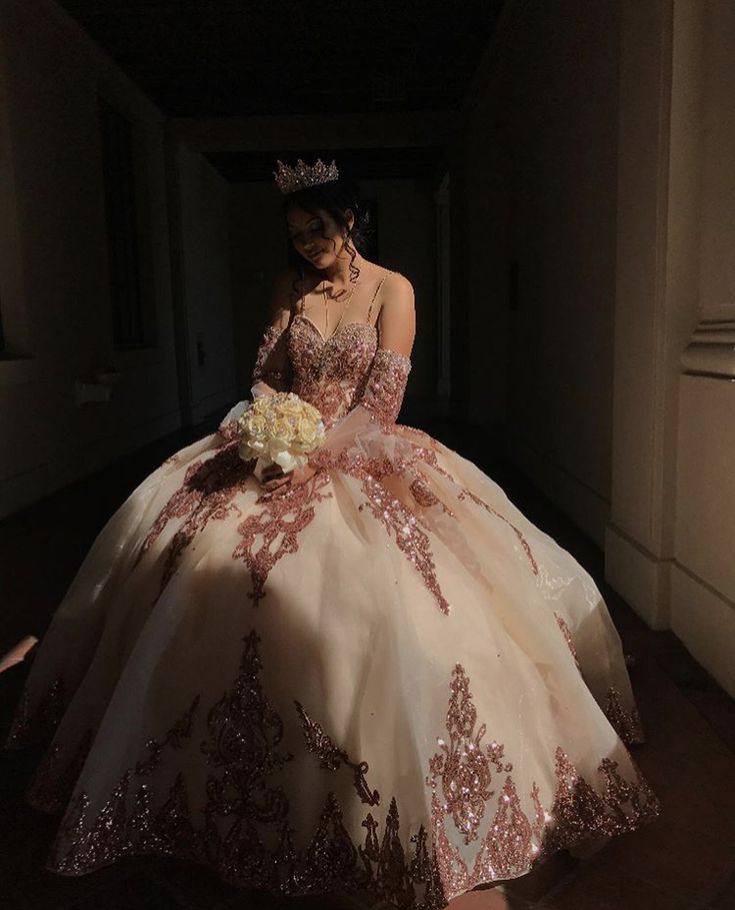 Rose gold bell sleeved quinceañera dress Evening Dresses S5767