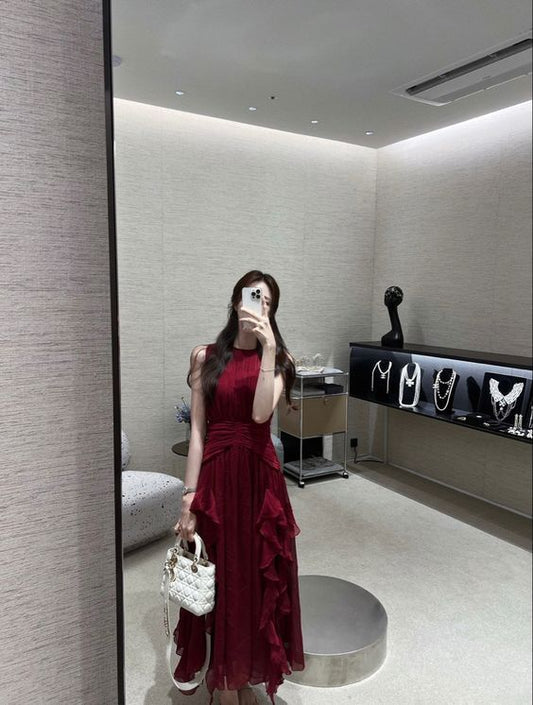 A line Scoop Sleeveless Burgundy Long Prom Dress S6108
