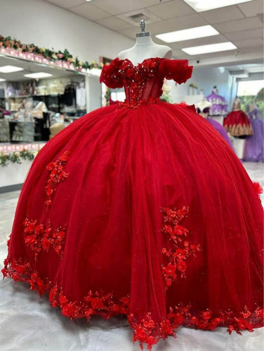 Red Quinceanera Dresses Beaded Off the Shoulder Sweet 15 16 Prom Party Ball Gown S5922