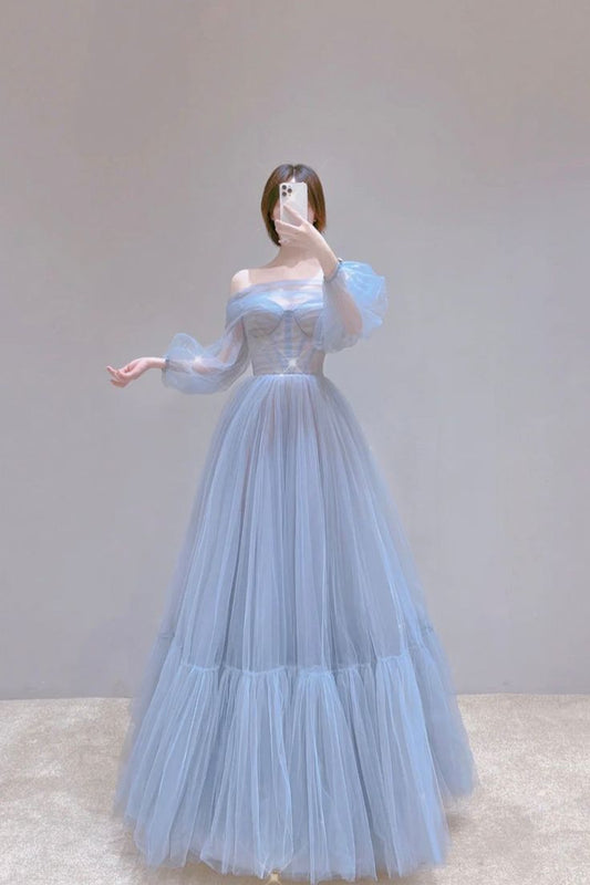 Blue Tulle Long Prom Dress, Beautiful Long Sleeve Tulle Evening Dress S6283