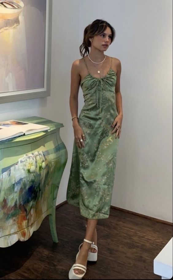 Green Vintage Printed Satin Midi Length Party Dress S6197