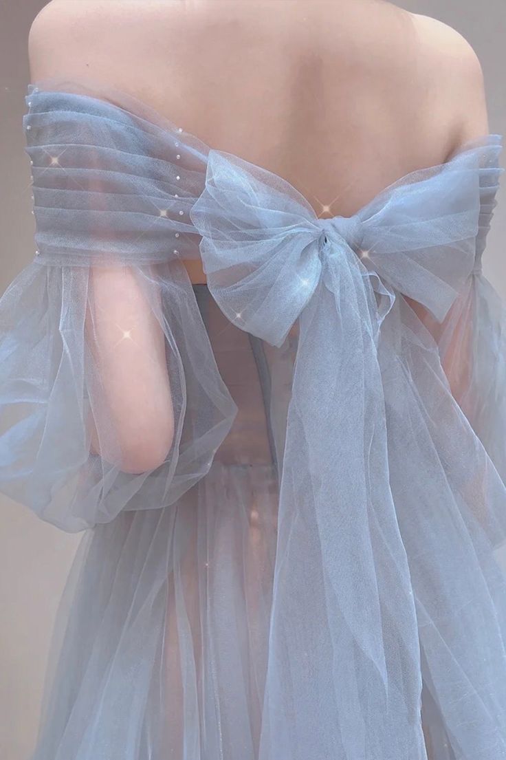 Blue Tulle Long Prom Dress, Beautiful Long Sleeve Tulle Evening Dress S6283