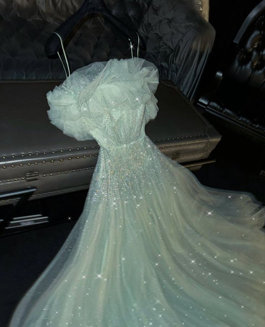 A Line Green Tulle Sequin Floor Length Prom Dress Evening Party Dress S6449