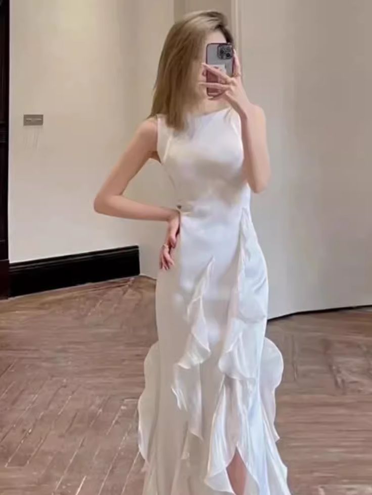 Simple Sheath Long White Prom Dresses S6067