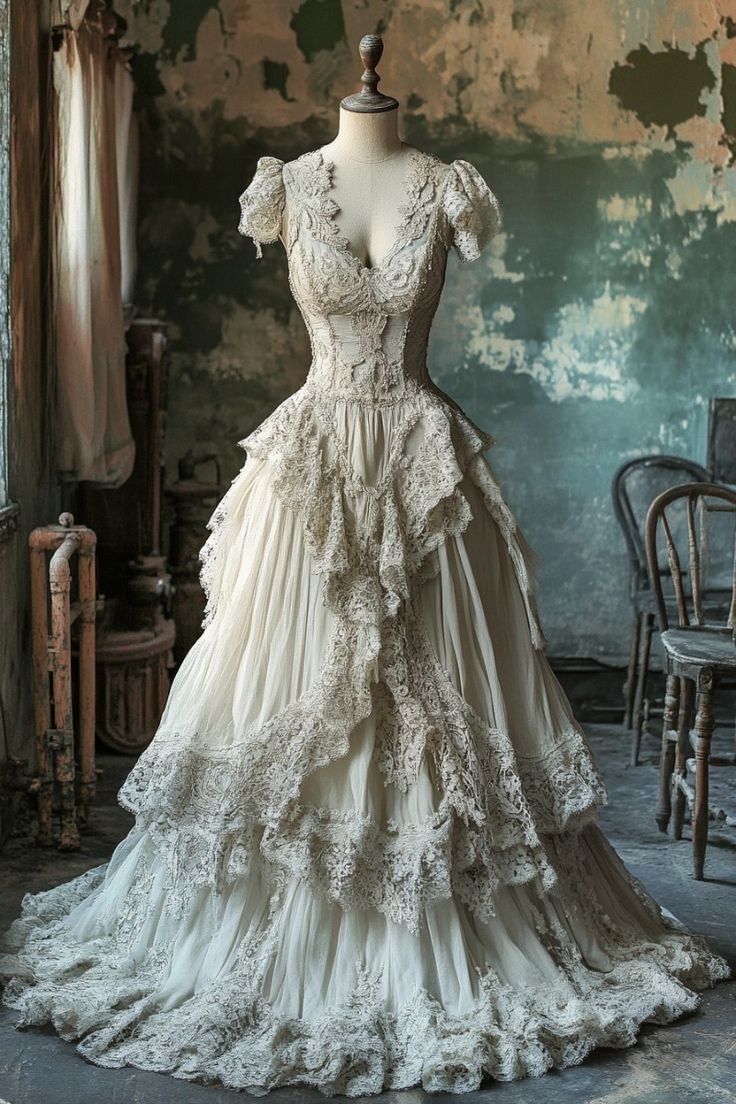 A Line Ivory Lace V Neck Wedding Dress Long Bridal Gown