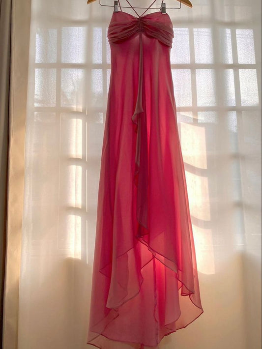 Pink A Line Formal Party Dress Ruffle Long Prom Dress S5895