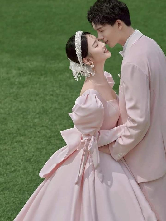 Ball Gown Wedding Dresses Elegant Court Bridal Gown Bow Lace Up Back Long Puffy Sleeves Vintage Bride Dress S6489