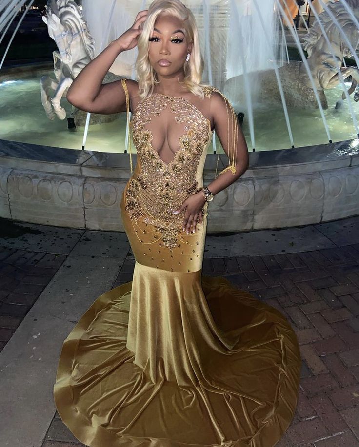 Gold Velvet Sleeveless Mermaid Long Court Train Prom Dresses Mermaid Party Dress S6412
