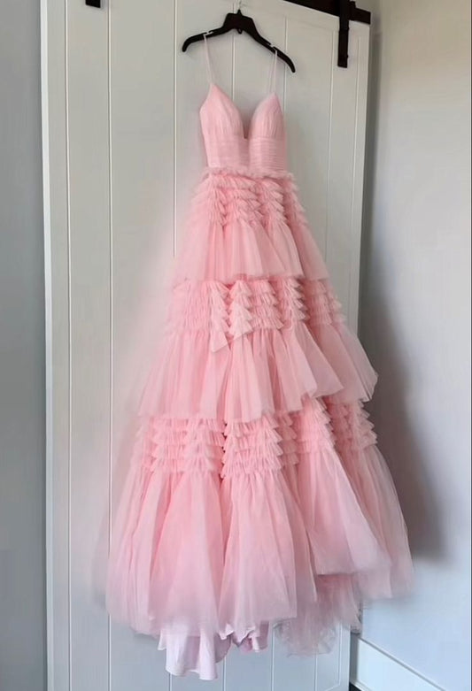 Gorgeous V Neck Layered Pink Tulle Long Prom Dresses with High Slit, Long Pink Tulle Formal Evening Dresses S6484