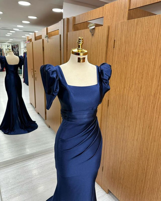 Blue Long Mermaid Prom Dress with Bubble Sleeves and Square Neckline Slit S5963