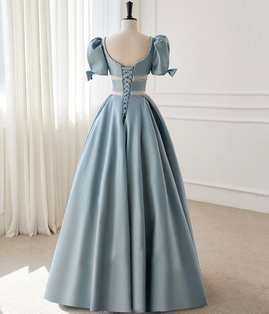 Blue Satin Beaded Long Prom Dress, Blue Short Sleeve Evening Dress S6357