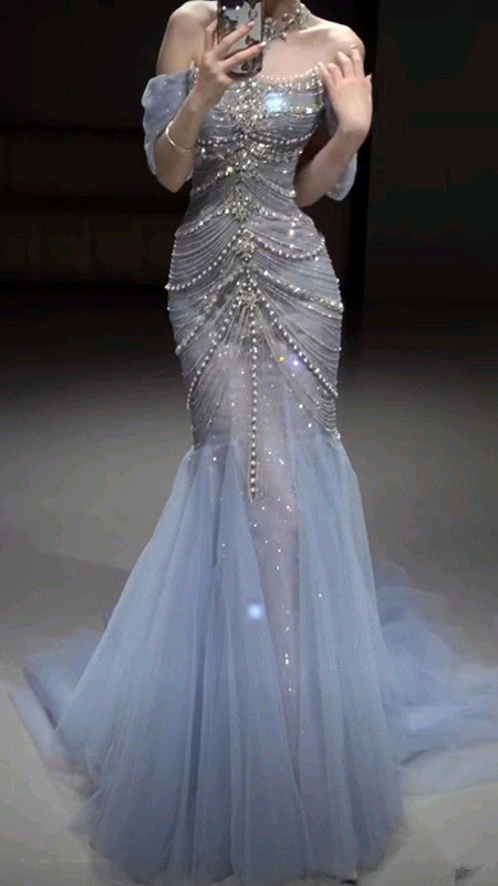 Elegant Mermaid Off The Shoulder Blue Tulle Prom Dresses S6501