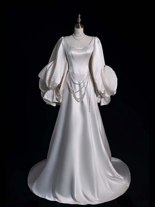 A Line Round Neck Satin Wedding Dresses Long Bridal Gowns S6561